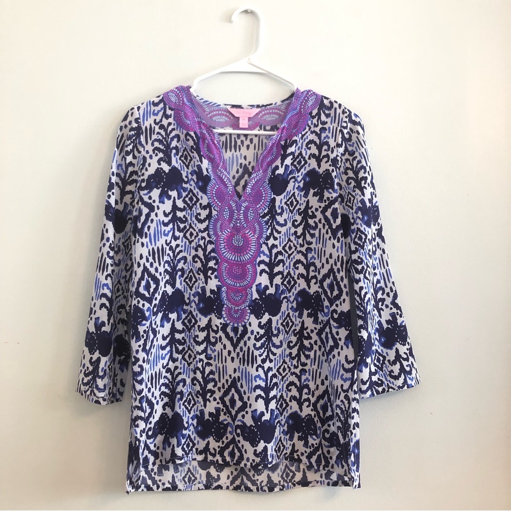 Lilly Pulitzer Renato Silk Tunic Blouse Navy White Magenta XXS